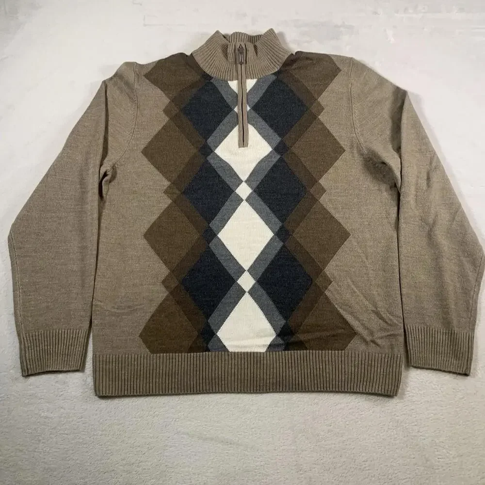 Oliver Burke Sweater Mens Large Brown Argyle 1/4 Zip 100% Acrylic Leather Zipper